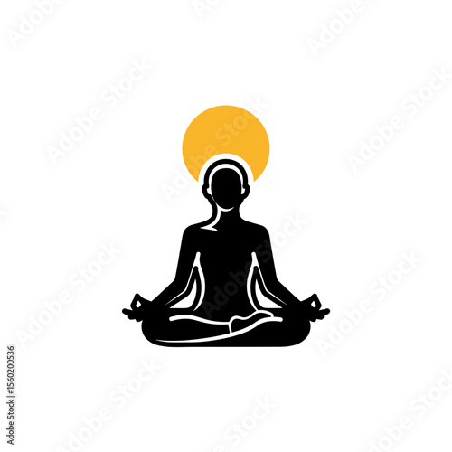 Meditating person in lotus position with yellow halo, minimalist design, transparent background, copy space
