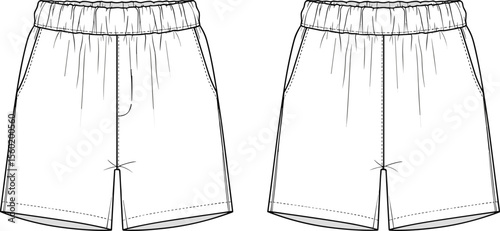 Elastic waist casual shorts vector, front and back technical sketch, summer wear flat drawing, fashion cad template, minimal design