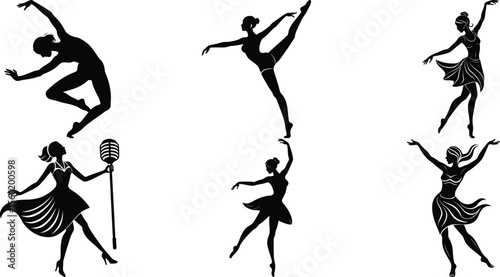 Elegant Silhouettes of Female Dancers Ballet, Jazz, and Modern Dance Poses