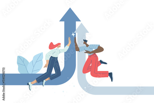 Businessman and woman jumping and high five, Growth strategy, Hand gesture with friends, Achieving goals, Project success, Converging paths to success. Flat vector design illustration.