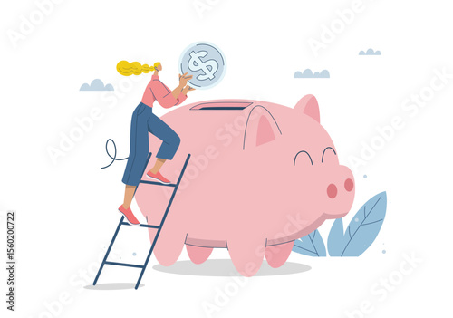 Young woman is putting coins into piggy bank, Saving and investment concept, Investing in future, Personal finance management and financial knowledge, Flat design vector illustration.