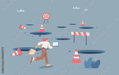 Ways to avoid traps, Businesswoman holding laptop running avoiding many obstacles, Business pitfalls, Business leader problem solving skills and ideas, Flat design vector illustration.