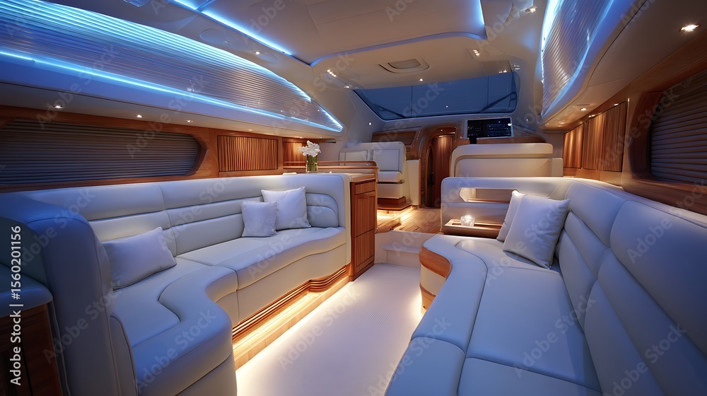 Obraz premium Luxury yacht cabin interior featuring white leather seats, wooden paneling, and soft ambient lights. .