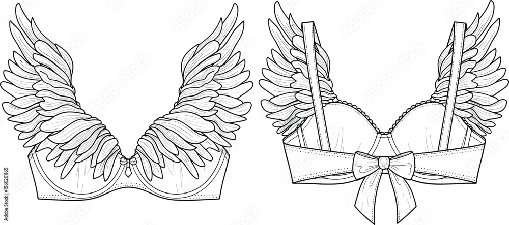 Fototapeta premium Fantasy wing bra fashion sketch, cad drawing flat vector illustration, front and back view with detailed feather and bow design