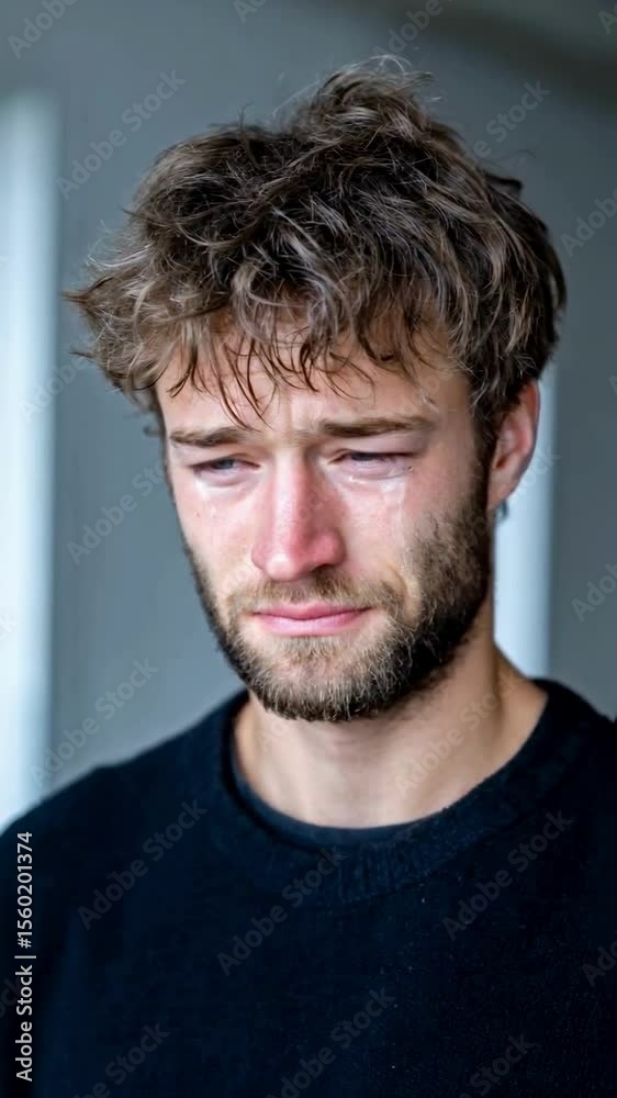 A close-up portrait of a young man crying, his face expressing deep sadness and vulnerability, representing men's mental health, the concept of grief, and complex human emotions A close-up portrait of a young man crying, his face expressing deep sadness and vulnerability, representing men's mental health, the concept of grief, and complex human emotions