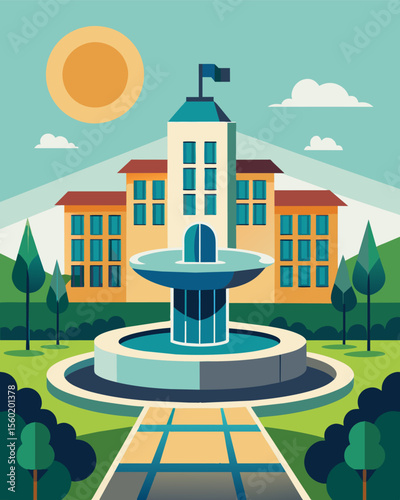 A university campus with a sleek solarpowered water fountain exemplifying the institutions commitment to sustainability and innovation.. Vector illustration