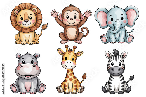 Cute cartoon safari animals illustration vector, lion monkey elephant giraffe hippo zebra, animal clip art