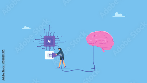 Businesswoman connect human brain with AI chip processing unit. AI machine learning, neural network technology or human to work together with AI artificial intelligence, innovation technology.