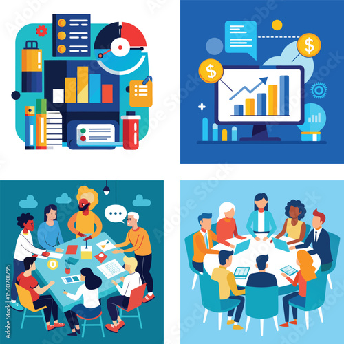 Vector art of diverse business teams collaborate around tables, using laptops and discussing strategies for growth and success