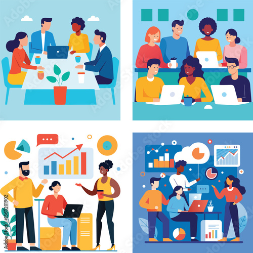 Vector art of a diverse team collaborates on a project during a vibrant and productive meeting in a modern office setting