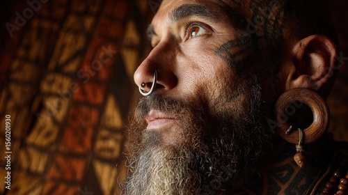 Man with Tribal-Inspired Ear and Nose Piercings A rugged man with large wooden plugs in stretched earlobes, a thick bone septum piercing, 