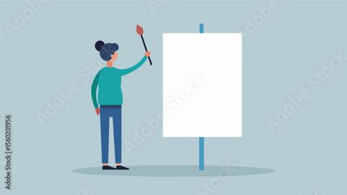 A person standing in front of a blank canvas with a paintbrush in hand ready to create. This symbolizes how meditation can clear the mind and enhance creativity and productivity.. Vector illustration