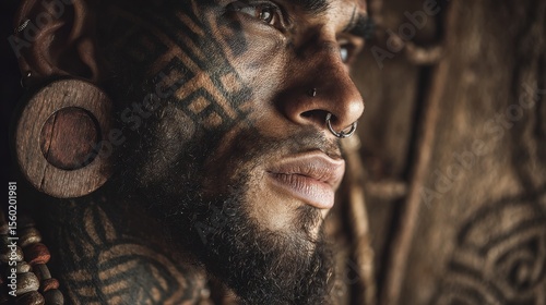 Man with Tribal-Inspired Ear and Nose Piercings A rugged man with large wooden plugs in stretched earlobes, a thick bone septum piercing, 
