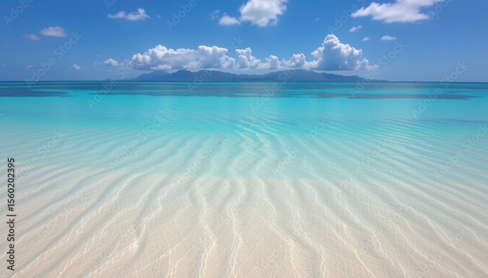 Fototapeta premium A serene tropical beach with crystal-clear turquoise water and a bright blue sky. The view is stunning with fluffy clouds overhead.