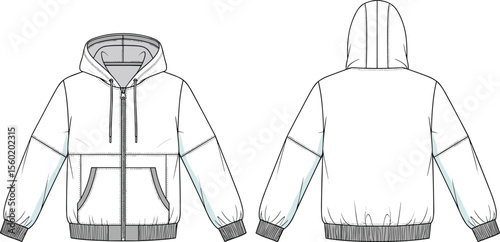 Front and back view cad drawing flat vector illustration of casual zip-up hoodie with drawstring hood, kangaroo pockets and ribbed hem