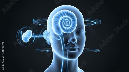 A glowing blue human head with visible ear canal and sound waves on a dark background image art photo