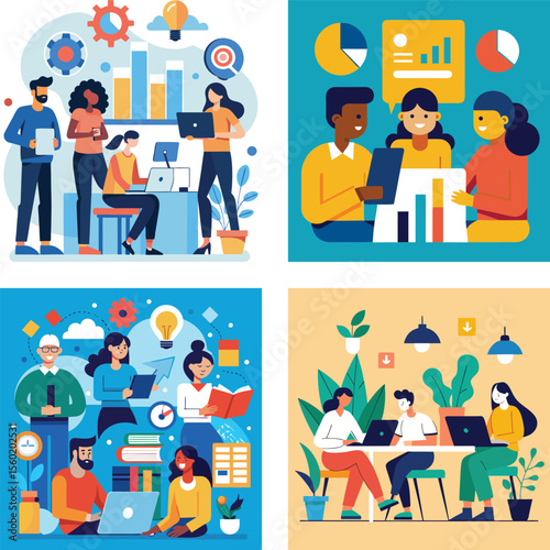 Vector art of a diverse team collaborates on a project during a vibrant and productive meeting in a modern office setting