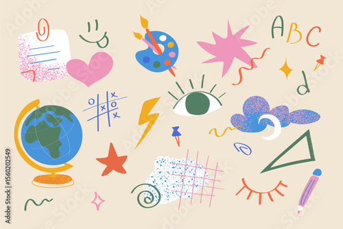A whimsical educational design element set featuring a palette of eyes, hearts, globes and ABCs in a colorful abstract style. Perfect for school posters, kids learning printables and classroom learnin