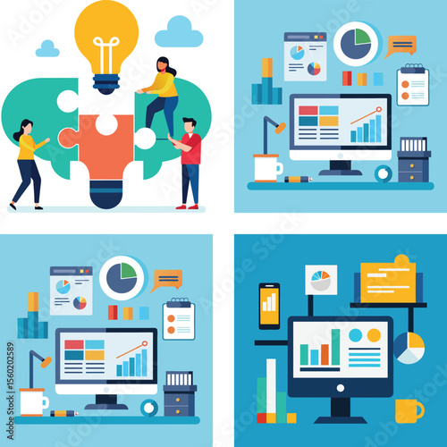 Vector art of a diverse team collaborates on a project during a vibrant and productive meeting in a modern office setting