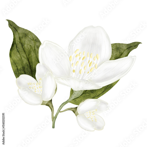 Jasmine white flower watercolor. Hand drawn bud delicate. Clip art botanical on white background. Ideal for logo of tea and aromatic products from jasmine