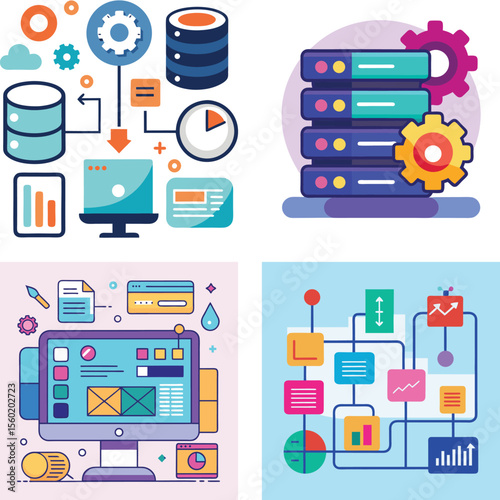 Vector art of colorful vector illustrations depict various aspects of data management and technology infrastructure