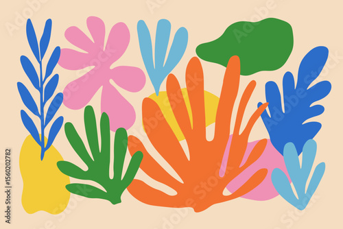 Abstract leaf and coral-like shapes in matisse art style. Bright bold colors, naive hand drawn organic forms and figures on beige background