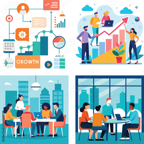 Vector art of a diverse team collaborates on a project during a vibrant and productive meeting in a modern office setting
