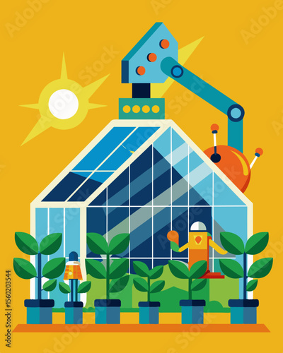 An automated greenhouse is maintained by a group of solarpowered robots tending to the plants with their sensitive grasping tools and utilizing the suns energy to keep the climate. Vector illustration