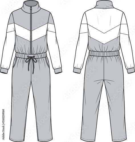 Front and back view cad drawing flat vector illustration of modern unisex tracksuit with drawstring waist and color block design