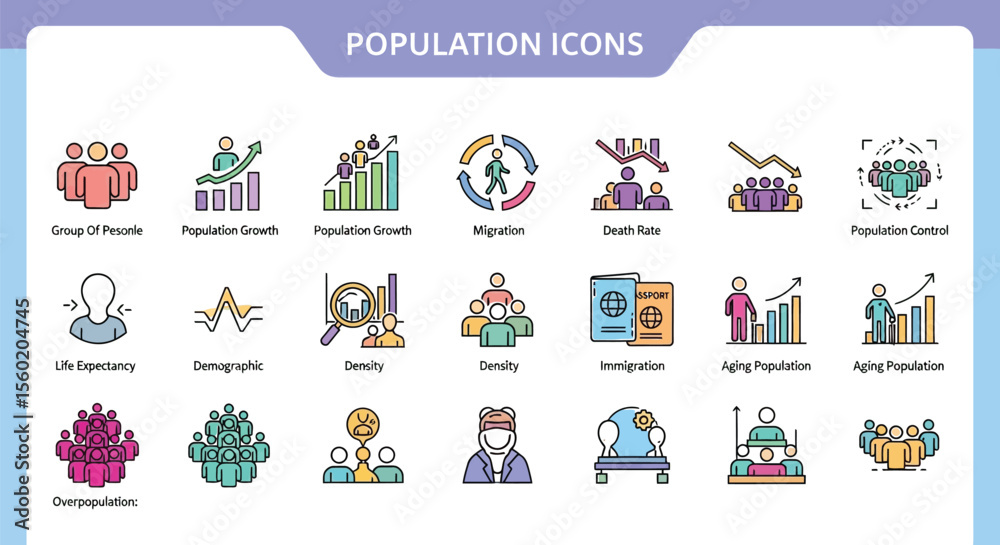 Fototapeta premium Population growth icons vector set, demography, aging population, migration, death rate, overpopulation