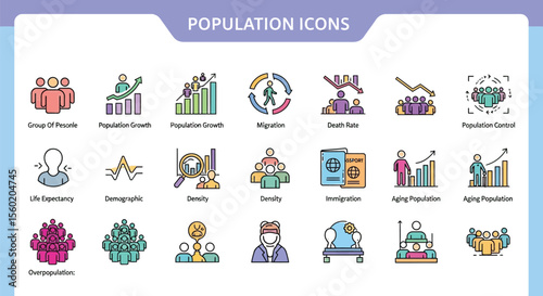 Population growth icons vector set, demography, aging population, migration, death rate, overpopulation