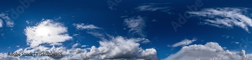 Seamless cloudy blue sky hdri panorama 360 degrees angle view with zenith and beautiful clouds for use in 3d graphics or game development as sky dome or edit drone shot