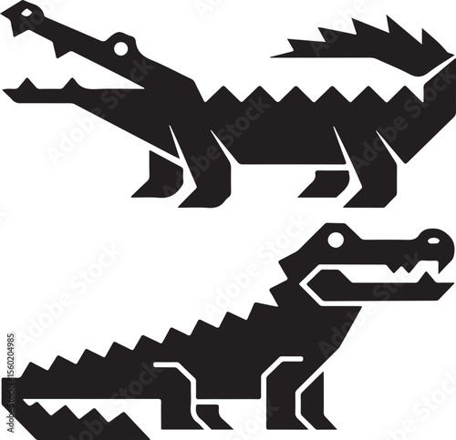 Two stylized geometric alligators facing opposite directions silhouette