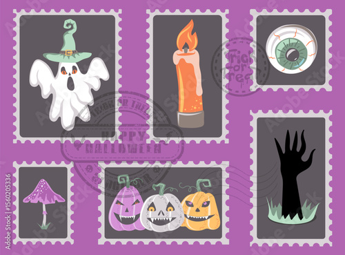 Happy Halloween banner with retro postage stamps. Halloween decorative design with scary pumpkins, ghosts and monster hand. Vector illustration.