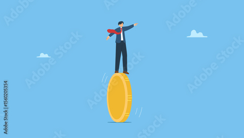 Businessman balancing not to fail from on walking golden coin. Financial and business risk, banking loan and debt risk, stability or balance of economics and investment or risk for losing job.