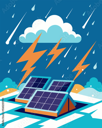 A snowstorm raging around a field of solar panels but their ability to generate electricity remains unwavering.. Vector illustration