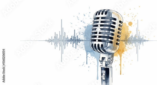 Retro Microphone Watercolor with Sound Waves