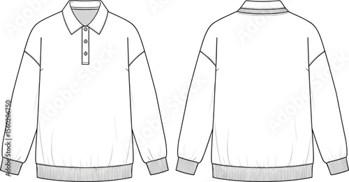 Long sleeve polo sweatshirt technical flat sketch, front and back view, ribbed cuff and hem, fashion cad vector template illustration