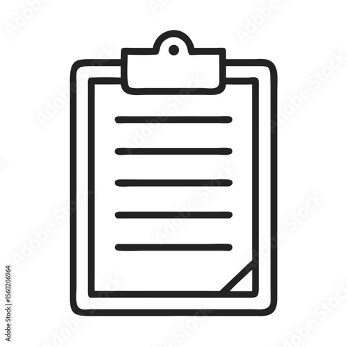 A minimalistic black and white illustration of a clipboard with blank lined paper.