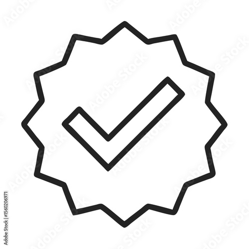 A bold, black outline of a starburst shape with a check mark in the center, symbolizing approval and quality.