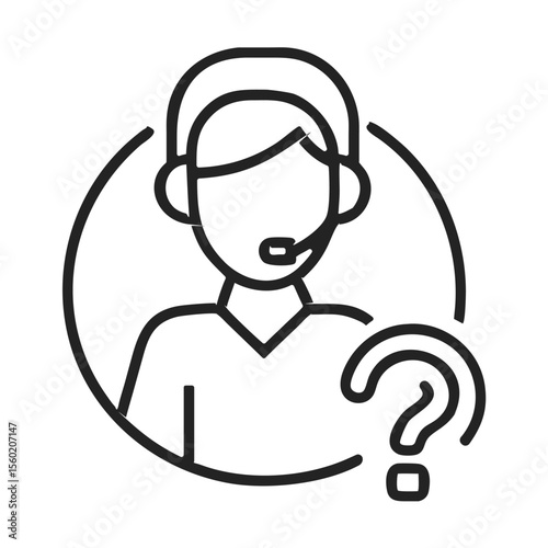 A minimalist line drawing of a support agent wearing a headset, with a question mark, symbolizing customer service.