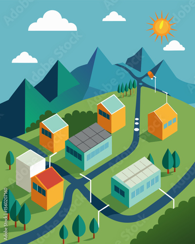A string of connected industrial buildings nestled in a valley harnessing the suns energy with their extensive solar panel arrays.. Vector illustration