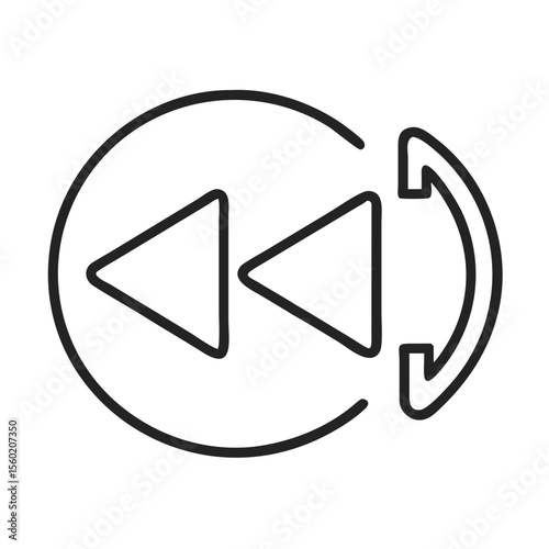 Minimalist illustration of a rewind symbol, featuring two triangular arrows and a circular outline.
