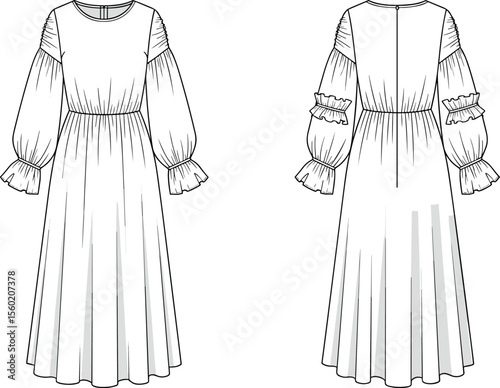 Long sleeve ruffle dress fashion flat, technical sketch front and back view, maxi dress design with shirred sleeve detail, vector illustration