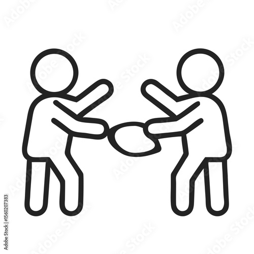 Two stick figures engaging in a playful tug-of-war with a ball, symbolizing teamwork and competition.