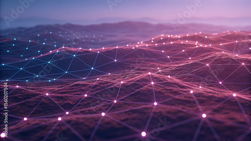 Abstract digital network of glowing nodes and lines across a textured landscape.