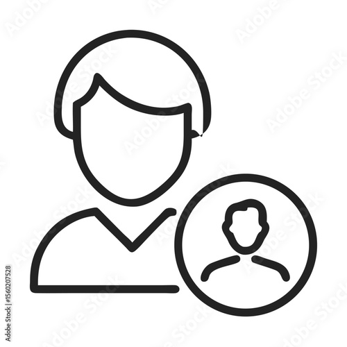 Simplistic line drawing of a person, showcasing a gender-neutral character with a round face and a secondary profile icon.