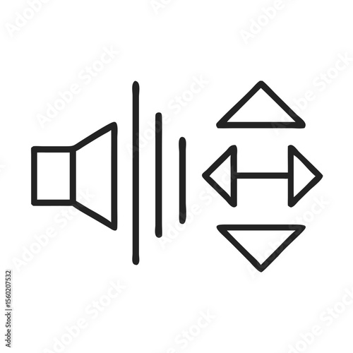 Minimalist speaker icon with sound waves and directional controls.