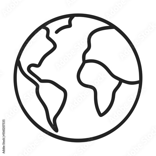 A simple, black and white illustration of the Earth, showcasing continents in an artistic outline.