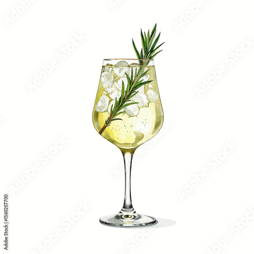 Refreshing cocktail in glass with ice and rosemary garnish  